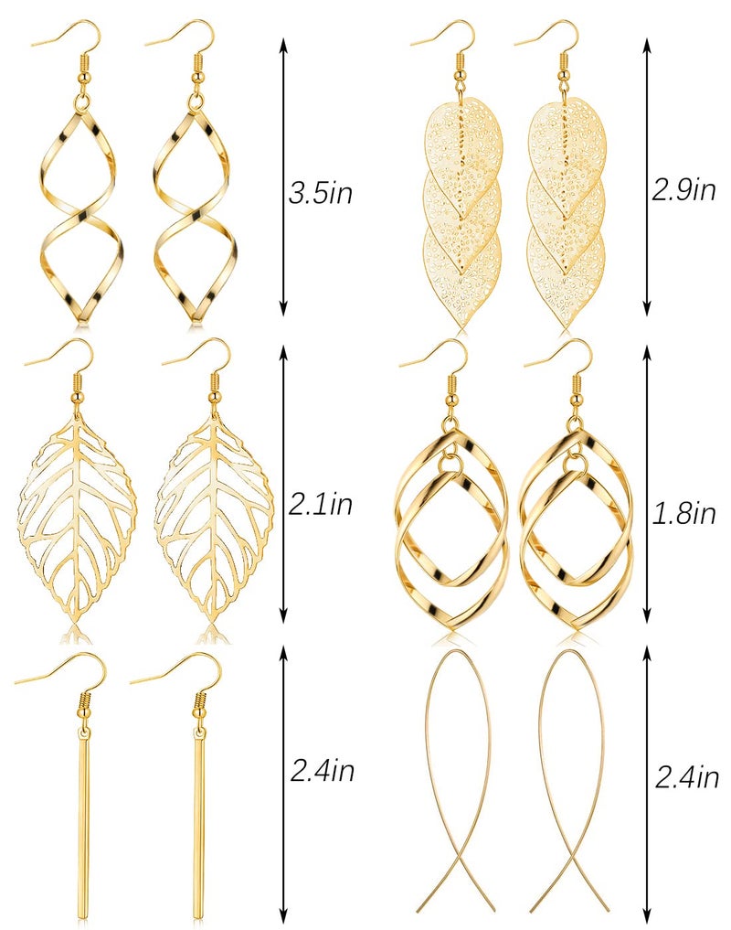 FUNEIA 6 Pairs Drop Dangle Earrings for Women Long Bar Double Twist Wave Curved Threader Cut Out Leaf Lightweight Earrings Set - Image 4